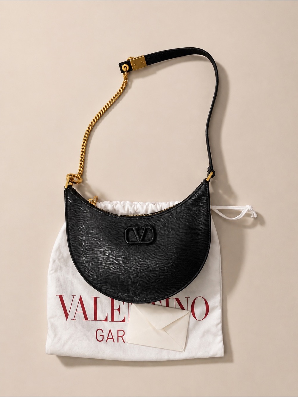 Valentino Garavani Black Leather Crescent Shoulder Bag with Gold Chain